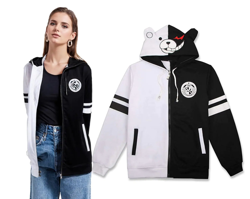 Unpifolov Black White Bear Hoodies Sweatshirts Anime Cosplay Zipper Jacket Unisex Long Sleeve Coat Uniform with Badge S